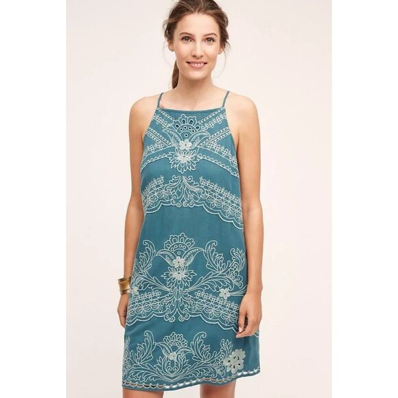Anthropologie Floreat Boho Embroidered Sleeveless Swing Mini Dress Blue Green 6 - Picture 1 of 8
